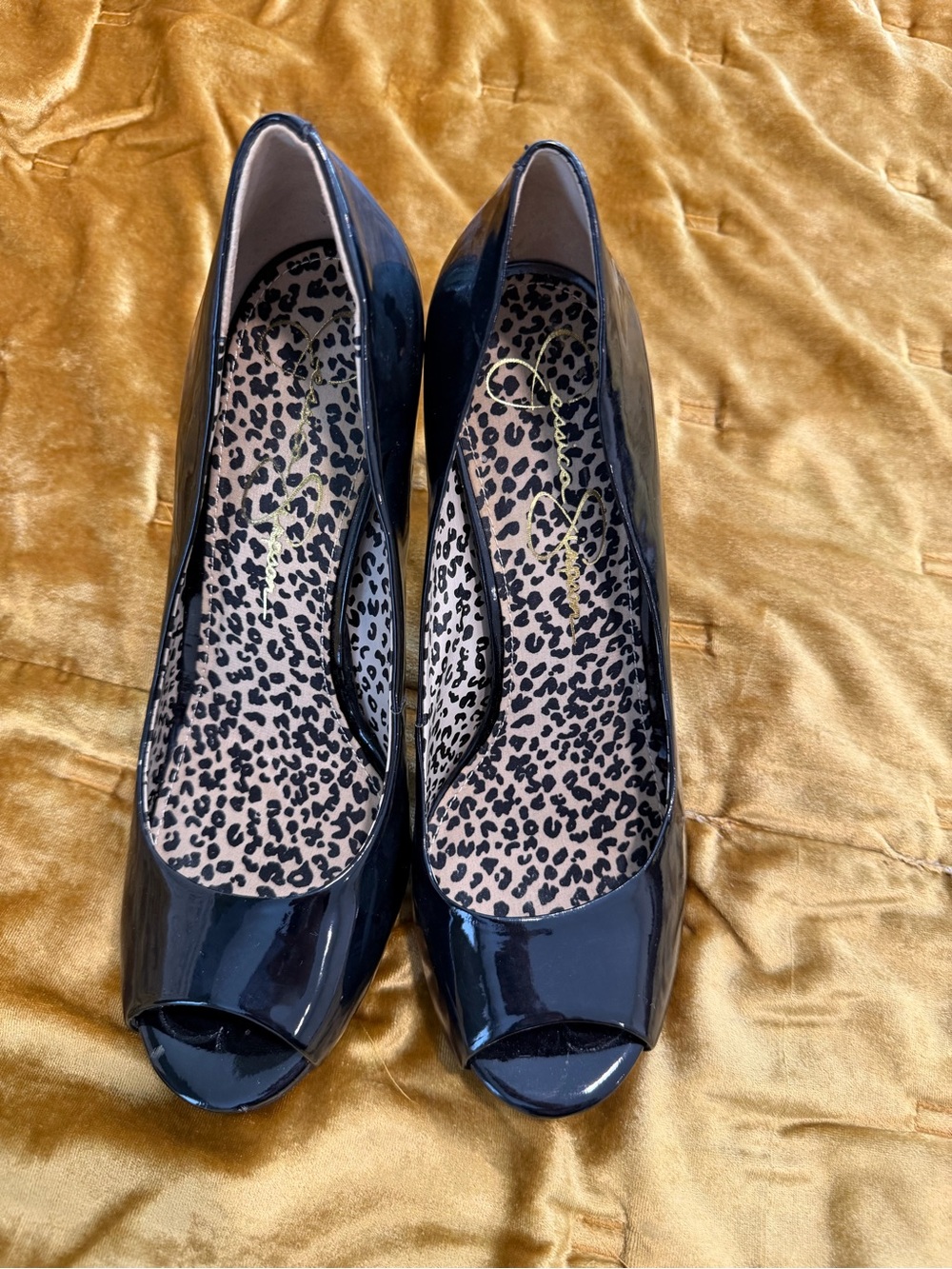 Jessica Simpson Black Patent Peep-Toe Heels with Leopard Insole